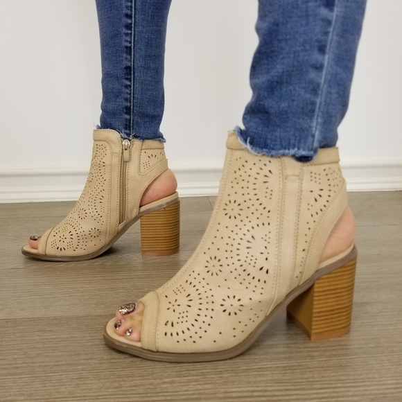 Taupe Laser cut Design Open Toe  Ankle Boots - Picture 7 of 7